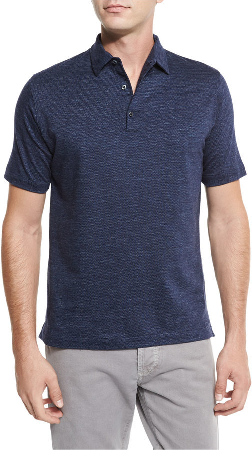 Isaia Herringbone Denim Washed Polo Shirt, $425 | Neiman Marcus | Lookastic