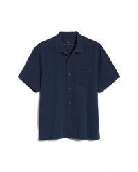 Navy Herringbone Silk Short Sleeve Shirt