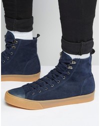 Asos Lace Up High Top Sneakers In Navy Faux Suede With Gum Sole