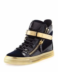 Giuseppe Zanotti Velvet High Top Side Zip Sneaker Navy