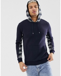 ASOS DESIGN Hoodie With Check Sleeve Panels And Hood In Navy