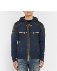 Balmain Slim Fit Leather Panelled Cotton Hoodie