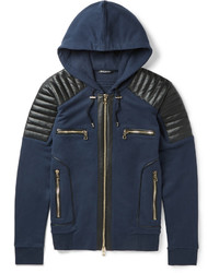 Balmain Slim Fit Leather Panelled Cotton Hoodie