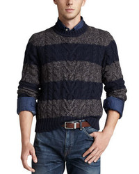 Neiman Marcus Rugby Striped Cable Knit Sweater Graynavy Stripe