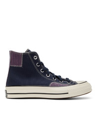 Navy Horizontal Striped Canvas High Top Sneakers