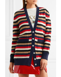 Gucci Reversible Striped Wool And Printed Silk Satin Cardigan Navy