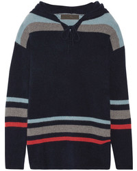 The Elder Statesman Heavy Hockey Hooded Striped Cashmere Sweater Navy
