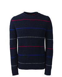 Lands' End Cotton Blend Shaker Roll Neck Sweater Stripe Dark Bay Blue