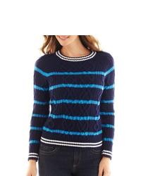 Liz Claiborne Long Sleeve Cable Striped Sweater Am Navy Multi