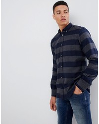 Navy Horizontal Striped Flannel Long Sleeve Shirt
