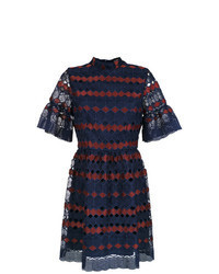 Navy Horizontal Striped Lace Fit and Flare Dress