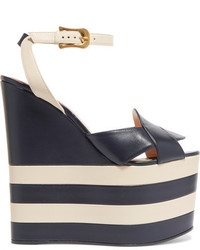Navy Horizontal Striped Leather Wedge Sandals
