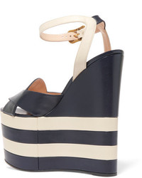 Gucci Two Tone Leather Wedge Sandals Navy