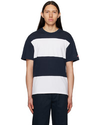 Navy Horizontal Striped Mesh Crew-neck T-shirt