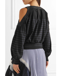 Sacai Off The Shoulder Striped Cotton And Cashmere Blend Top Navy
