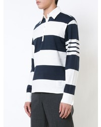 Thom Browne Long Sleeve Polo With 4 Bar Stripe In Blue And White Rugby Stripe Cotton