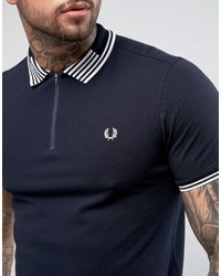 Fred Perry Slim Fit Stripe Collar Zip Polo Shirt Navy