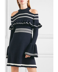 Self-Portrait Cold Shoulder Ruffled Striped Ribbed Knit Mini Dress