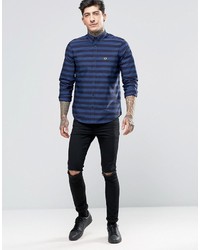 Fred Perry Shirt With Bold Stripe In Medieval Blue In Slim Fit