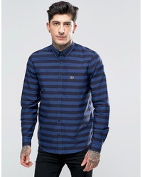 Fred Perry Shirt With Bold Stripe In Medieval Blue In Slim Fit