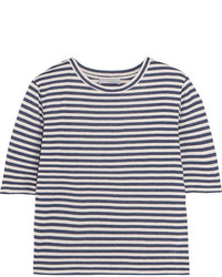 Vince Striped Silk Blend Jersey T Shirt Navy