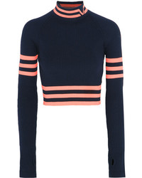 Versace Cropped Striped Stretch Wool Sweater Navy
