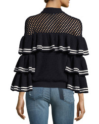 Self-Portrait Striped Frill Long Sleeve Rib Knit Wool Sweater