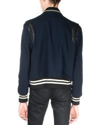Saint Laurent Classic Teddy Jacket With Leather Detail Navy