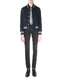 Saint Laurent Classic Teddy Jacket With Leather Detail Navy