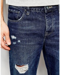 Asos Brand Slim Jeans With Rip And Repair In Mid Blue
