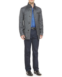 Brioni Car Coat With Piping Detail Geometric Print Silk Sport Shirt Denim Jeans With Leather Trim