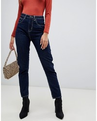PrettyLittleThing Contrast Stitch Straight Leg Jeans In Navy