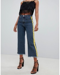 PrettyLittleThing Cropped Wide Leg Stripe Side Jeans In Mid Wash