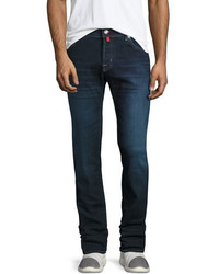 Jacob Cohen Dark Wash Straight Leg Stretch Denim Jeans With Red Stitching Blue