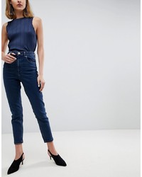ASOS DESIGN Farleigh High Waist Slim Mom Jeans In Channan Deep Rich Blue Wash With Seam Detail Pockets