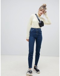 ASOS DESIGN Farleigh High Waist Slim Mom Jeans In Dark London Blue Wash With Exposed Button Fly