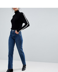 Asos Tall Florence Authentic Straight Leg High Waisted Jeans In Dark Stone Wash With Raw Hem Detail