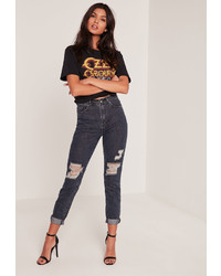 Missguided Blue High Rise Busted Knee Mom Jeans