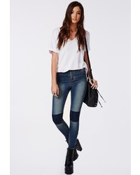 Missguided Edie High Waisted Knee Patch Skinny Jeans Indigo