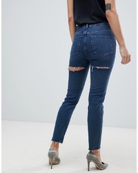 ASOS DESIGN Recycled Farleigh High Waist Slim Mom Jeans In Dark London Blue Wash With Bum Rip