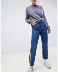 ASOS DESIGN Recycled Florence Authentic Straight Leg Jeans With Side Splits In Rich Stonewash Blue