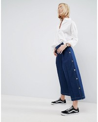 Asos White White Wide Leg Jean With Button Detail In Mid Blue Wash