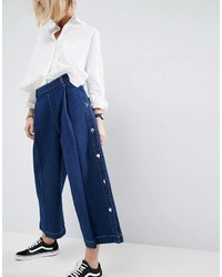 Asos White White Wide Leg Jean With Button Detail In Mid Blue Wash