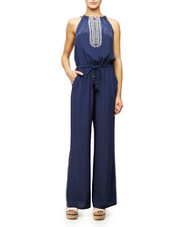 Tory Burch Embroidered Halter Silk Jumpsuit