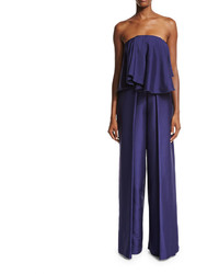 SOLACE London Mallory Strapless Satin Twill Jumpsuit Navy