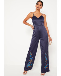 Missguided Navy Embroidered Satin Romper
