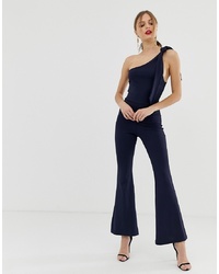 John Zack One Shoulder Fitted Jumpsuit With D Ring Belt Detail In Navy