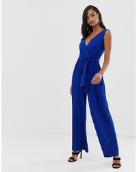 Scarlet Rocks Plunge Font Pleated Jumpsuit In Cobalt