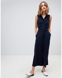 Warehouse Tailored Button Front Jumpsuit In Navy