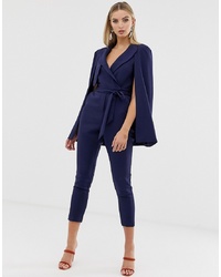 Lavish Alice Tailored Cape Jumpsuit With Storm Flap In Navy